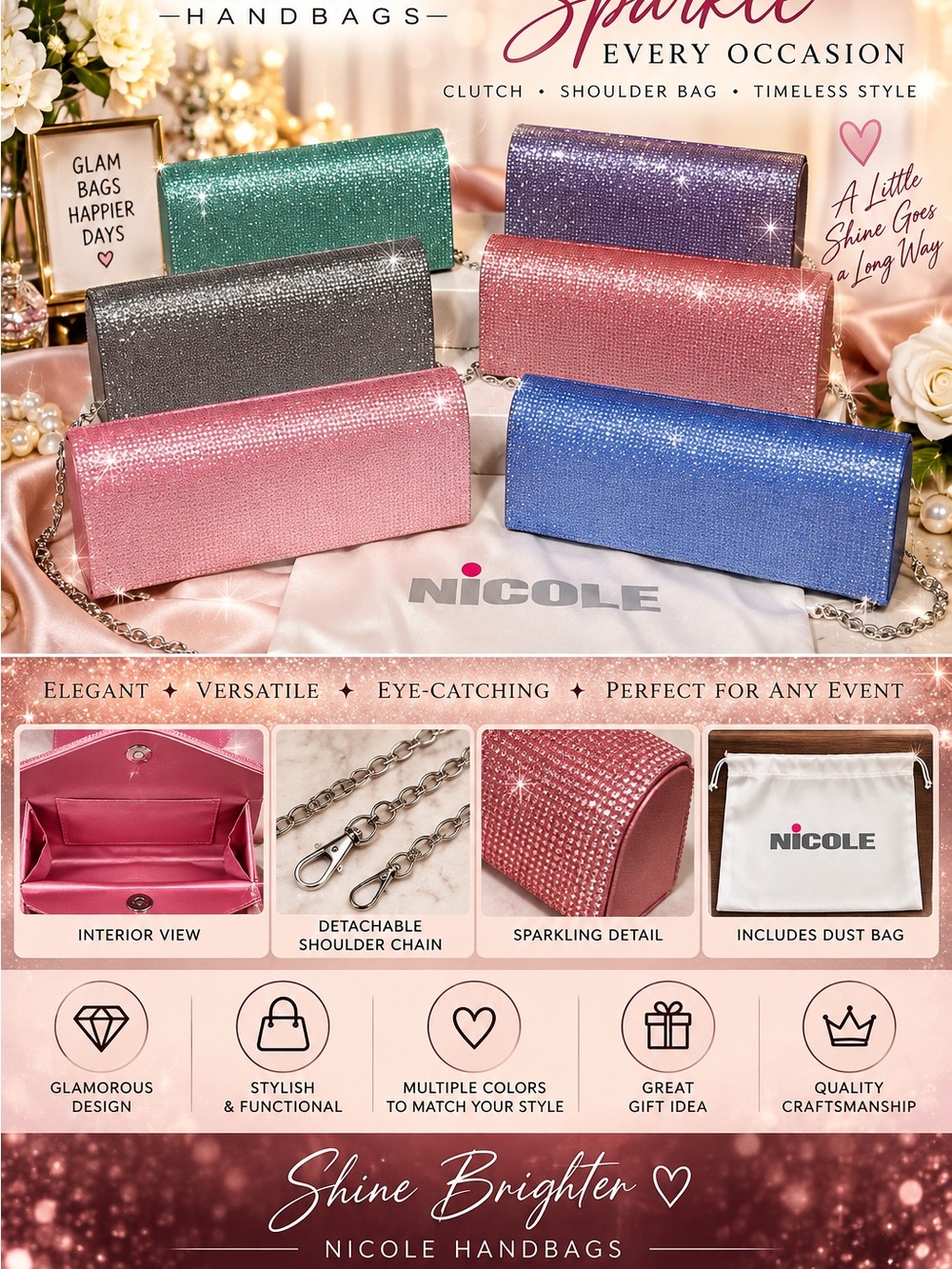 Nicole Sparkling Clutch in Pink, Blue, Silver, Green, Purple
